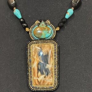 Picasso Marbel Turquoise Austrian Crystals facet Beads pendant necklace Signed